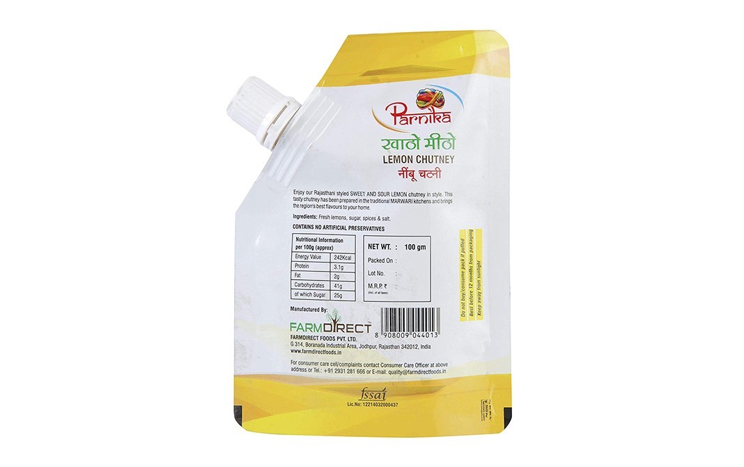 Parnika Khatho Meetho Lemon Chutney   Pouch  100 grams